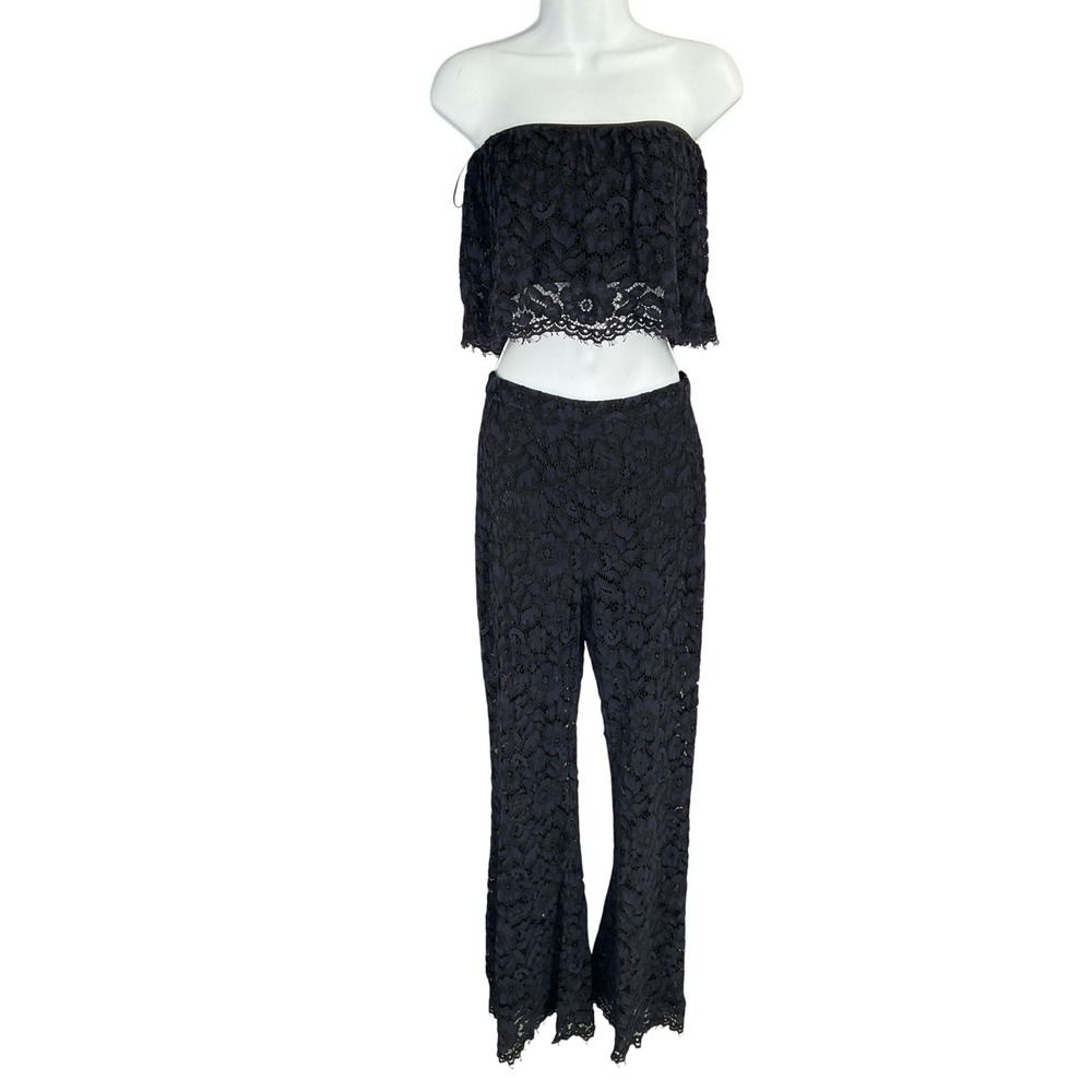 ZARA Black Lace Off Shoulder Crop Top Flare Pants Set XS Festival Concert Rodeo